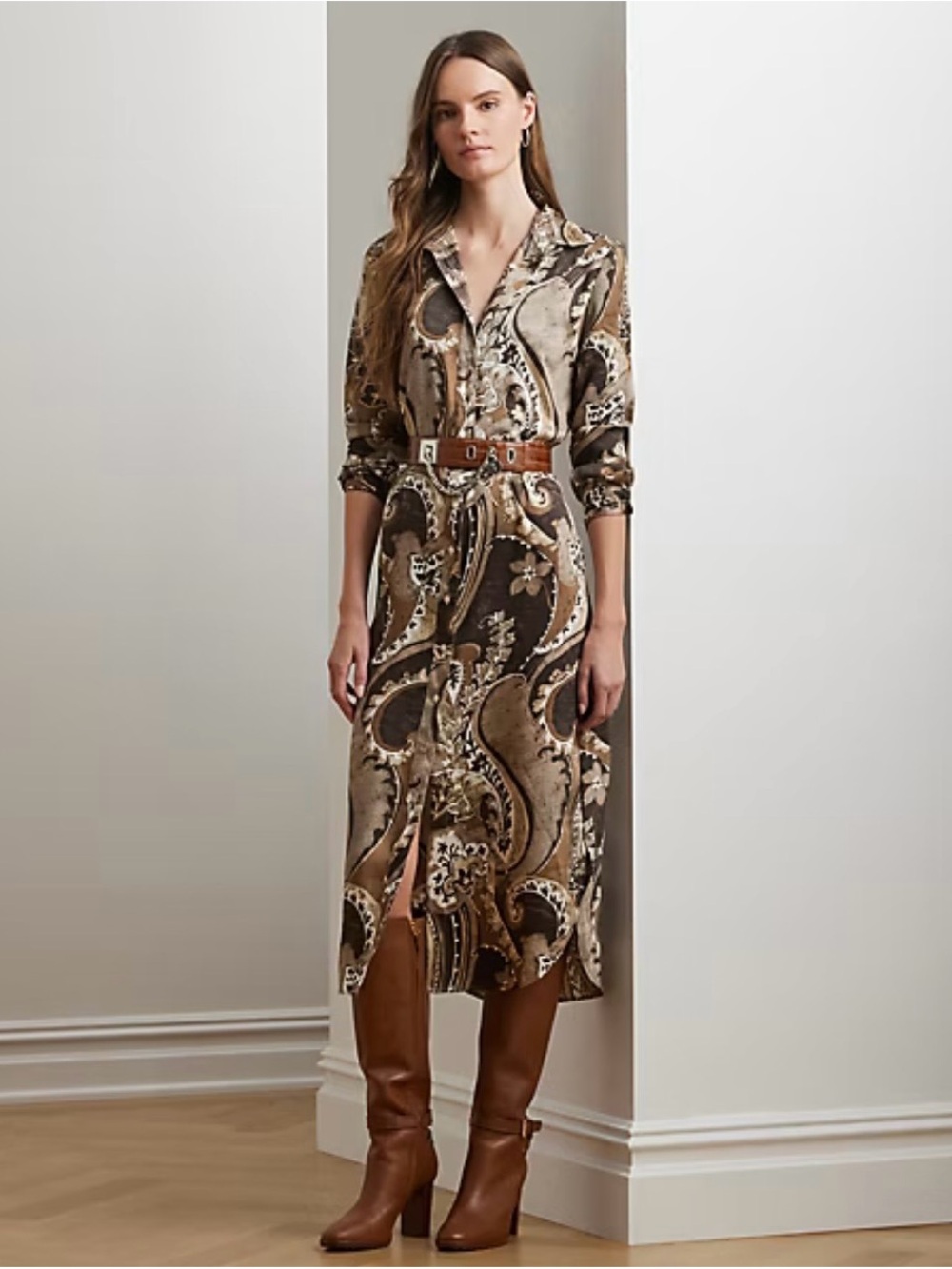 Lauren Ralph Lauren Paisley Twill Shirtdress Size 4 Brown Belted Midi NWT $165